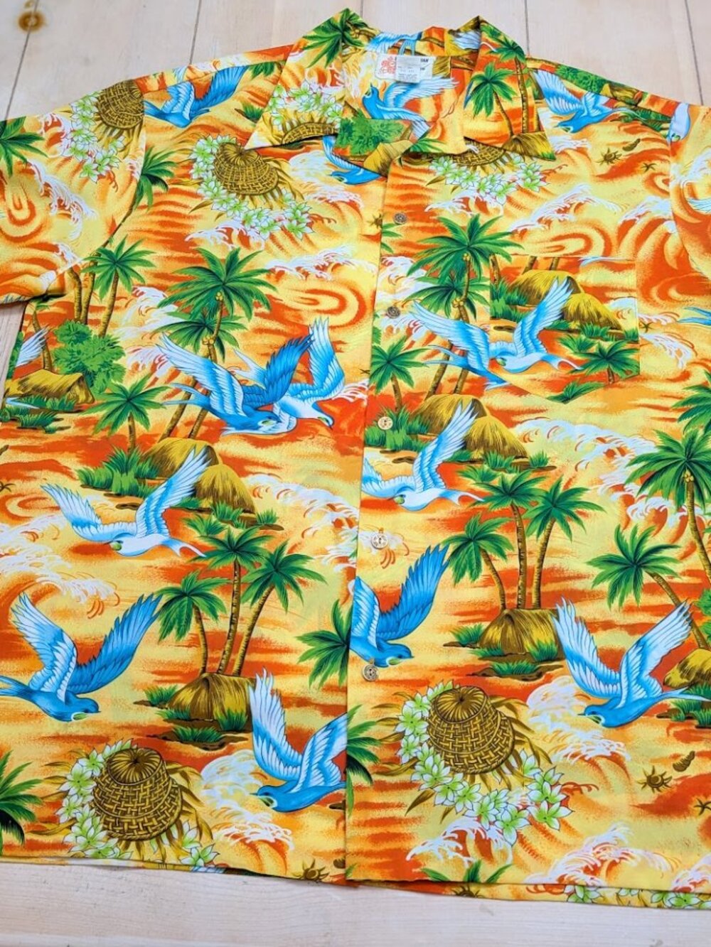 Vintage Royal Hawaiian Aloha Shirt XL Orange Blue Birds Palm Trees Made Hawaii